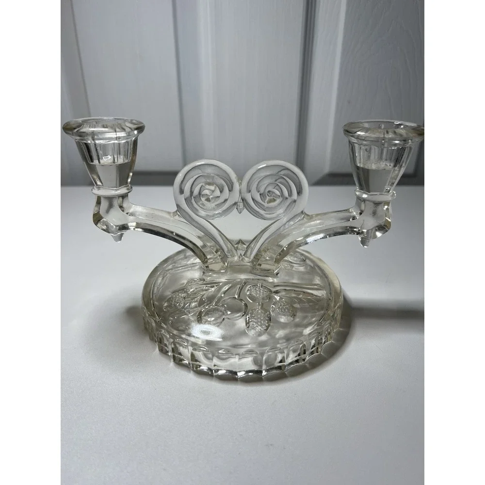Vintage Jeannette Glass Cosmos Double‎ Candlestick Holder Berry Pattern Base